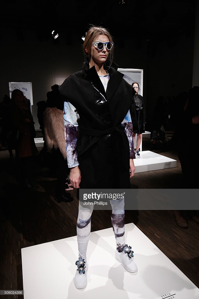 A model poses at the Steinrohner show during the Mercedes-Benz Fashion Week Berlin Autumn/Winter 2016 at Stage at me Collectors Room on January 21, 2016 in Berlin, Germany.