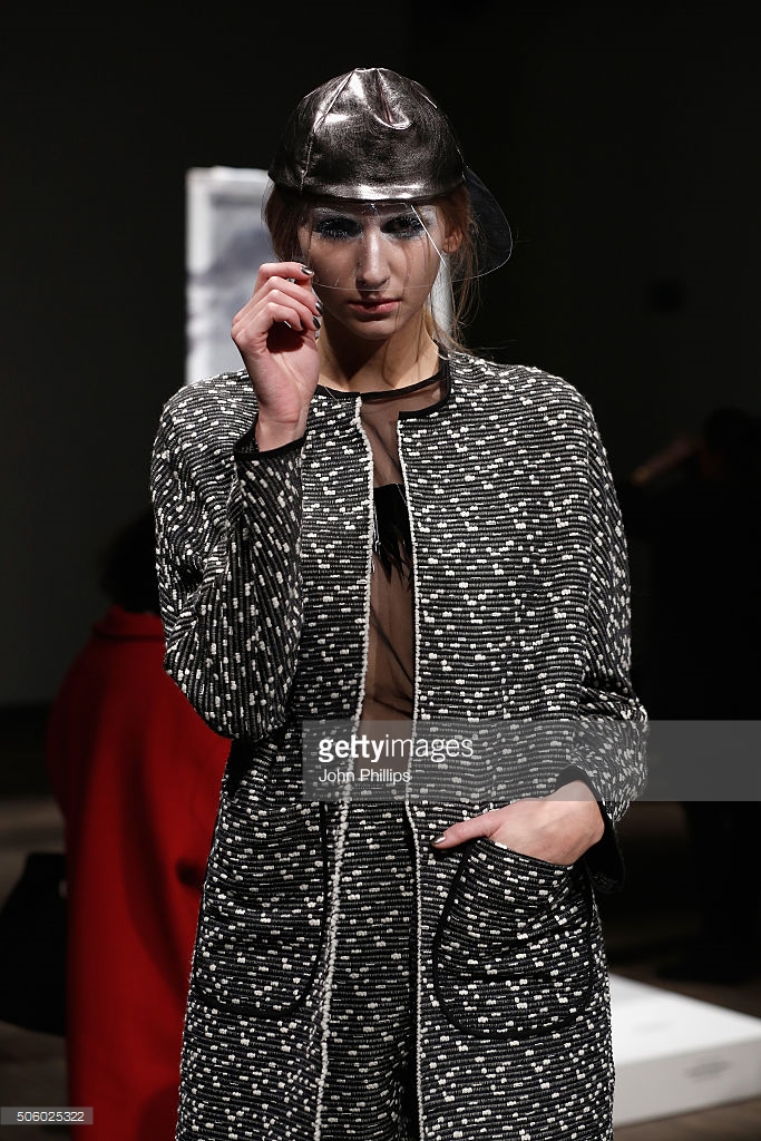 A model poses at the Steinrohner show during the Mercedes-Benz Fashion Week Berlin Autumn/Winter 2016 at Stage at me Collectors Room on January 21, 2016 in Berlin, Germany.